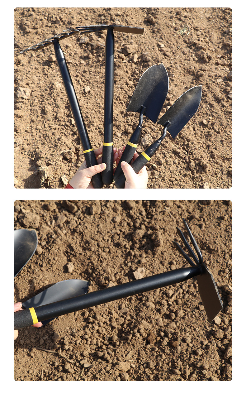 Manganese steel garden four-piece set, garden shovel set, household beachcombing tools, soil digging rake, blade cutting hoe, flower planting pic 10