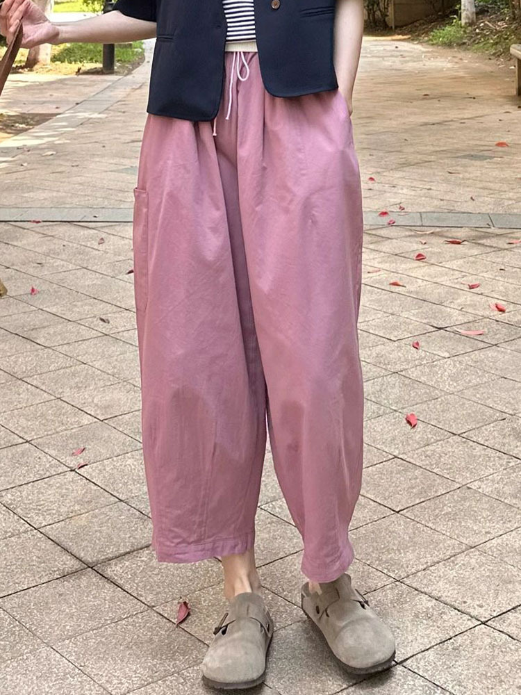 很少见这么好看！玫粉色日系休闲宽松气球裤松紧腰休闲裤女阔腿裤详情4