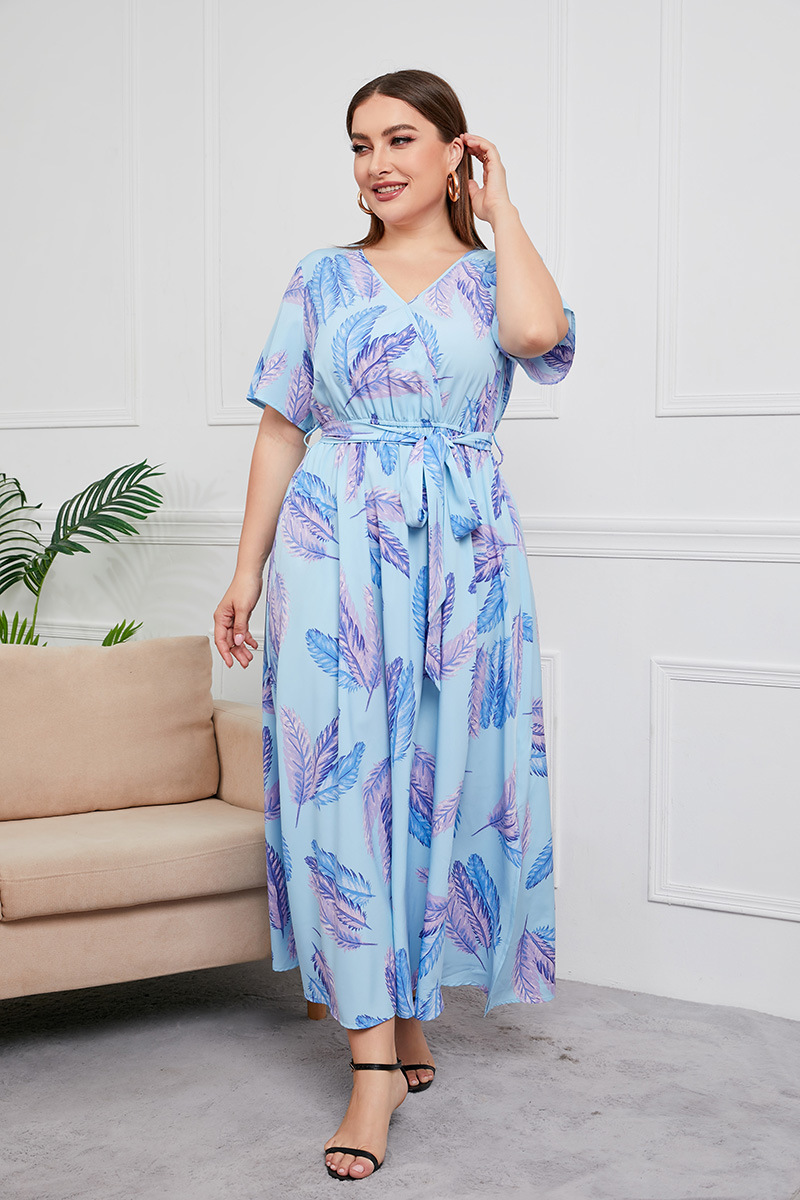 2024 Cross-border new French-style elegant plus-size dress with a V-neck, short sleeve and cinched waist, featuring a simple floral design pic 39