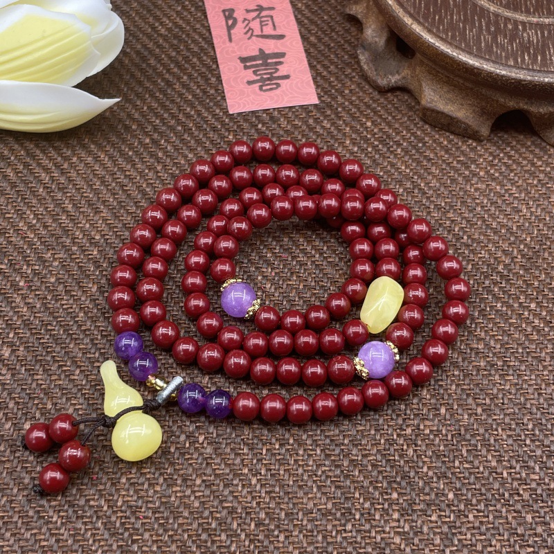 新款108颗紫金朱砂男女手串朱砂貔貅平安扣葫芦配饰文玩手链批发详情13