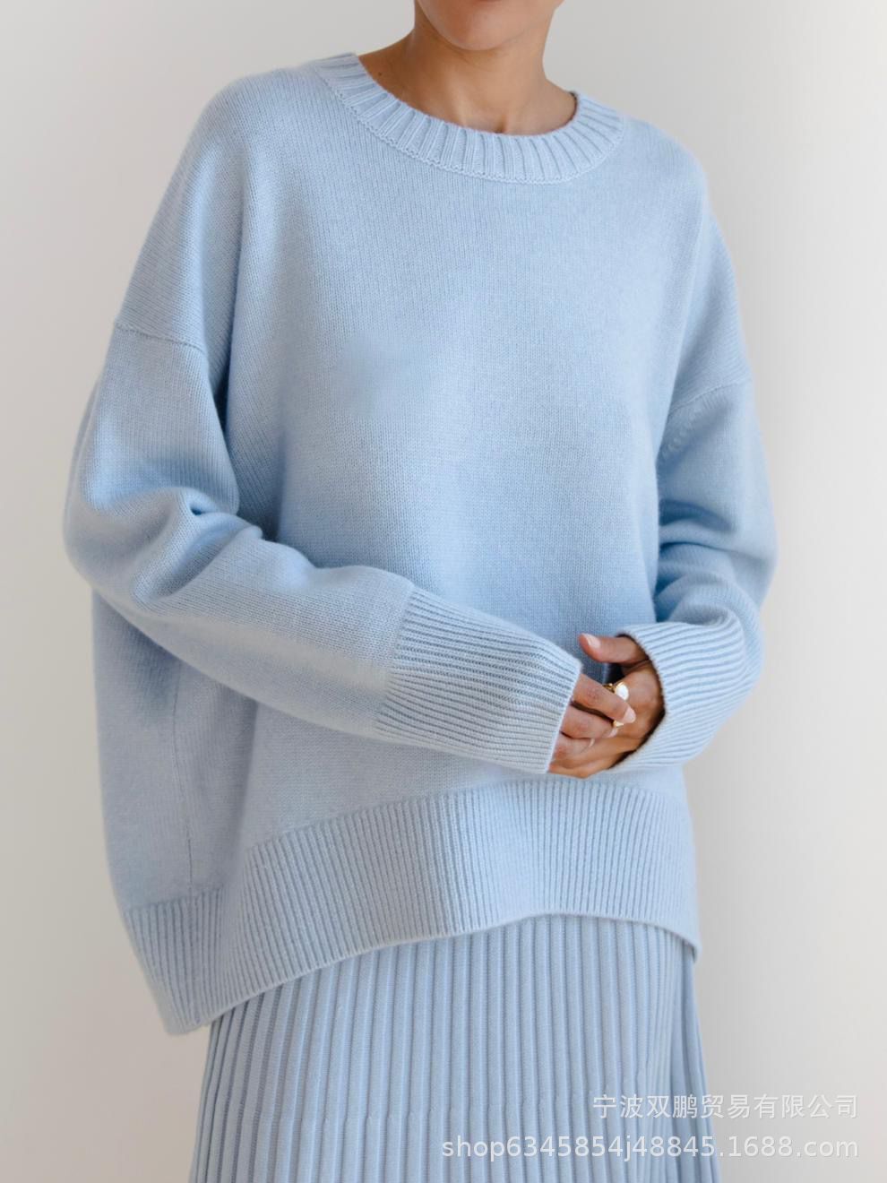秋冬跨境俄罗斯爆款女装针织衫圆领纯色宽松毛衣欧美详情13