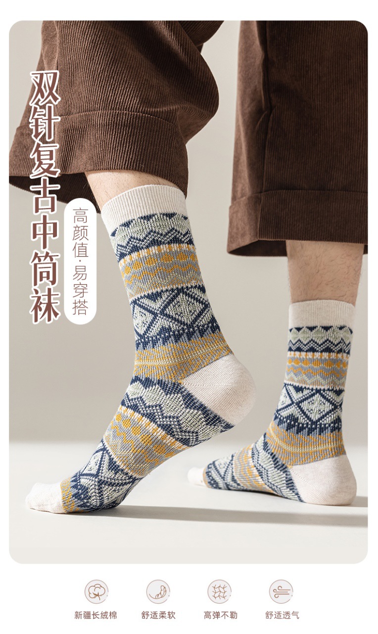 男士秋冬中筒袜英伦风民族风双针双路手工无骨缝头袜子公园详情1