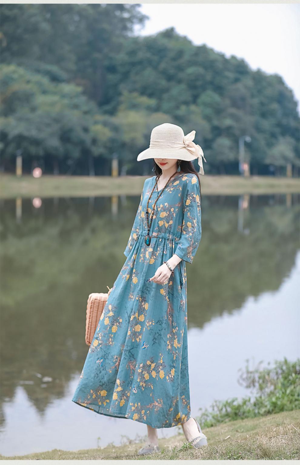 2024夏季新款中年妈妈复古文艺印花棉麻收腰连衣裙宽松大摆长裙女详情26