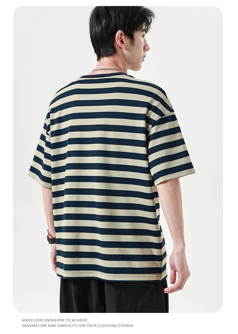 古川男装|2024夏季新款提花条纹短袖男宽松圆领套图百搭学生半袖详情13