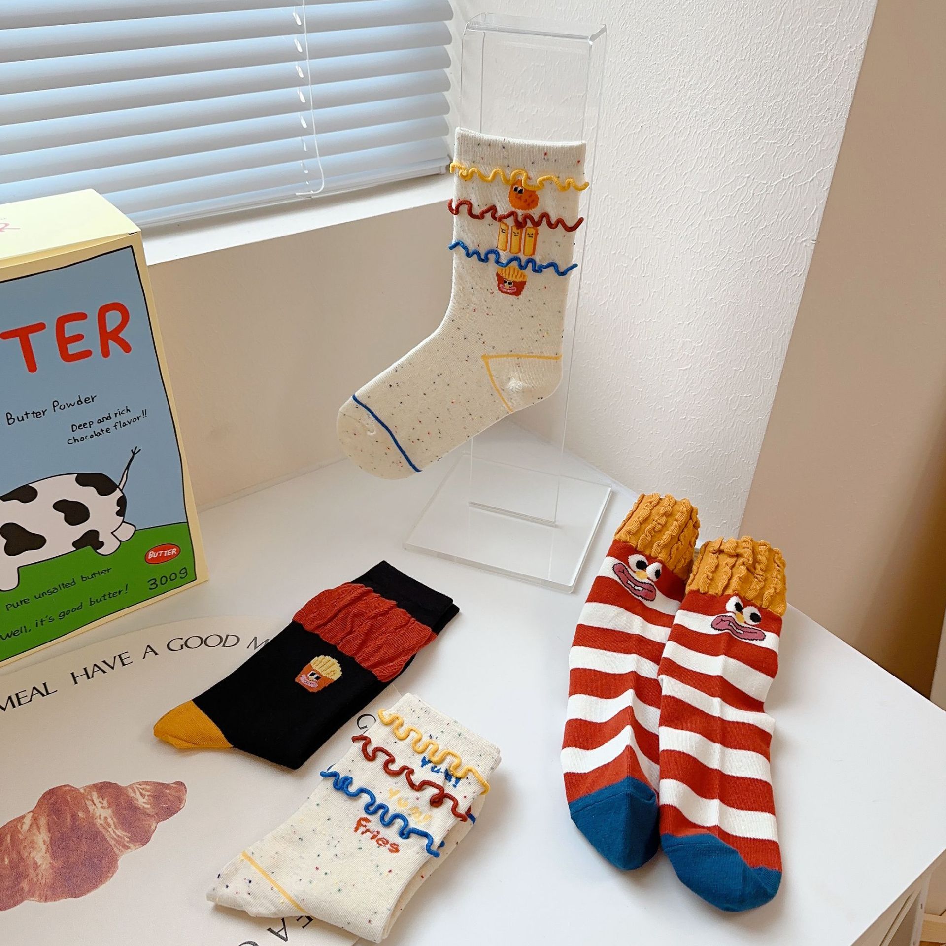搞怪薯条袜子女春夏新款中筒袜可爱卡通堆堆袜抖音爆款 独立包装详情2