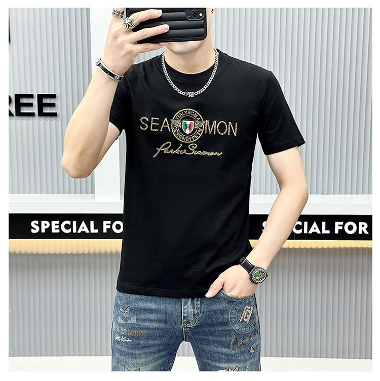 2024年夏季新款男士字母休闲时尚烫钻印花透气圆领修身短袖T恤衫详情4