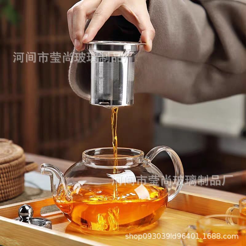 Heat-resistant glass teapot, stainless steel filtered flower tea brewing teapot, high-temperature resistant thickened black tea set for home use pic 3