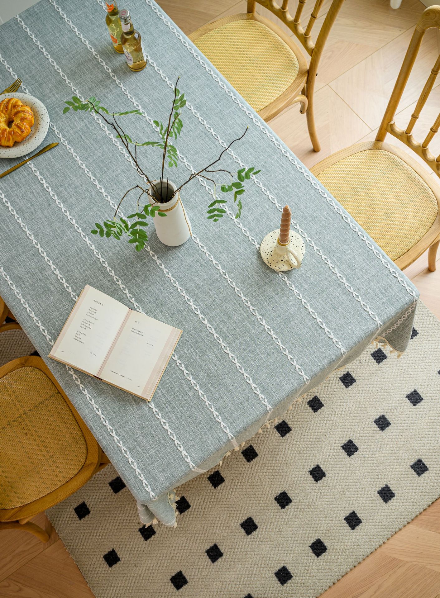 Cross-border three-dimensional embroidered striped tablecloth, popular black solid color, white cotton and linen tablecloth cover, fabric outdoor party pic 86