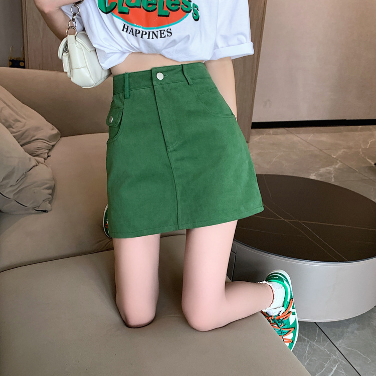 实拍视频小个子绿色半身裙女ins2023秋季新款高腰包臀a字裙短裙子详情9