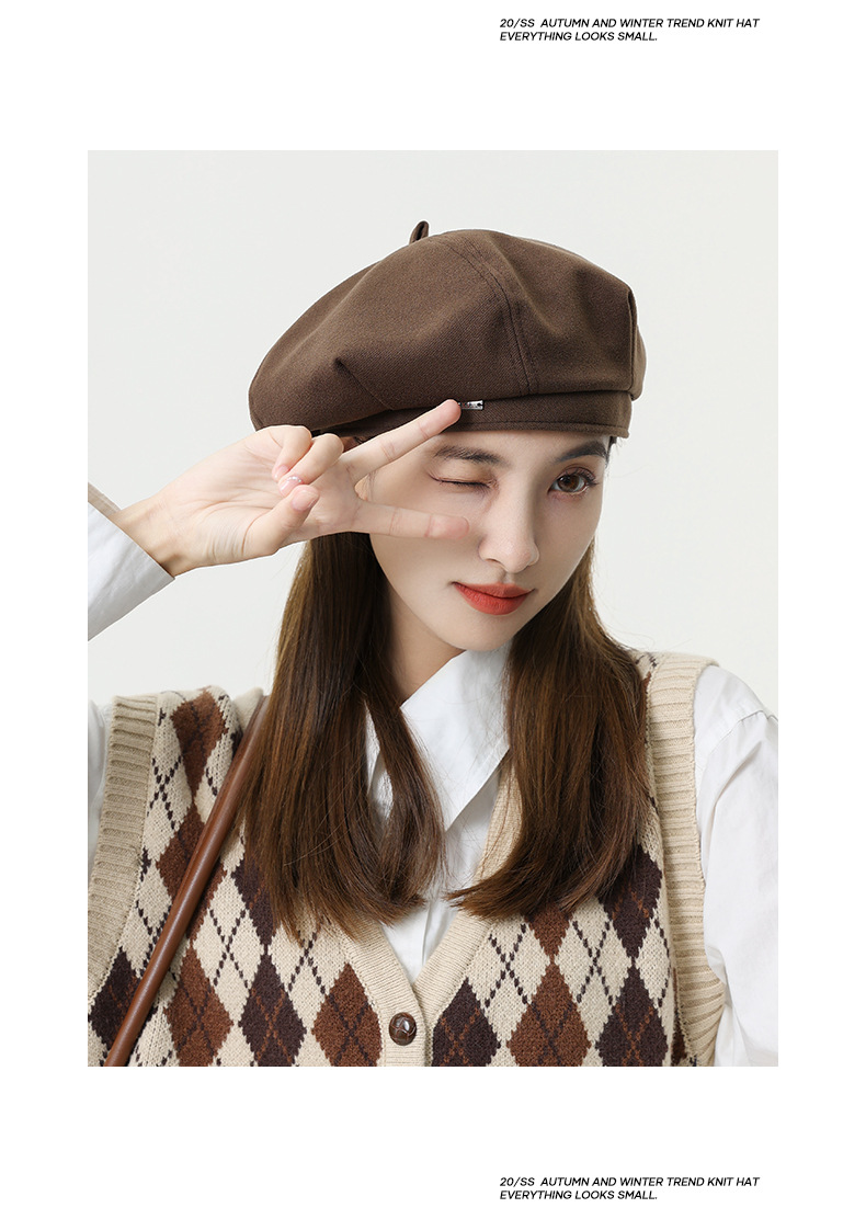 韩版秋冬毛呢金属标贝雷帽子女八角帽大头围显脸小时尚文艺画家帽详情11