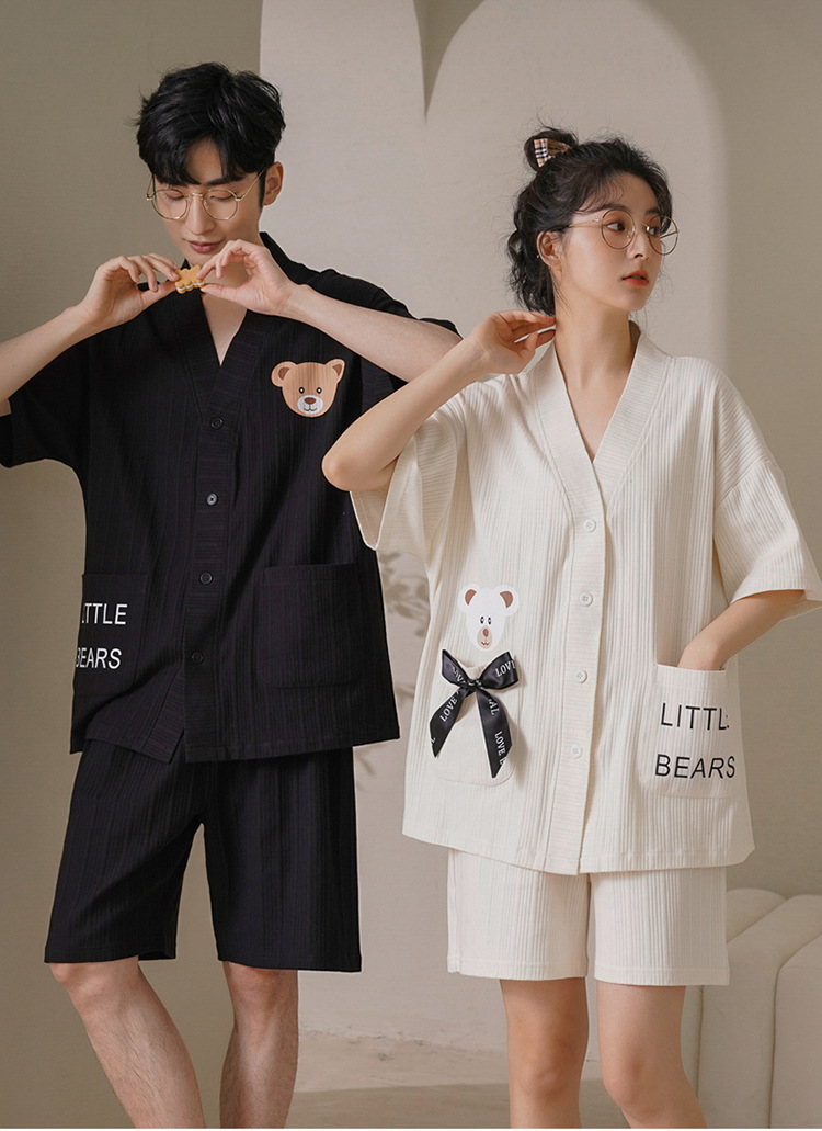Chun baifen cute pareja pijama mujer de verano manga corta pantalones cortos cardigan hombre trajes casuales ropa casera usable exterior pic 13
