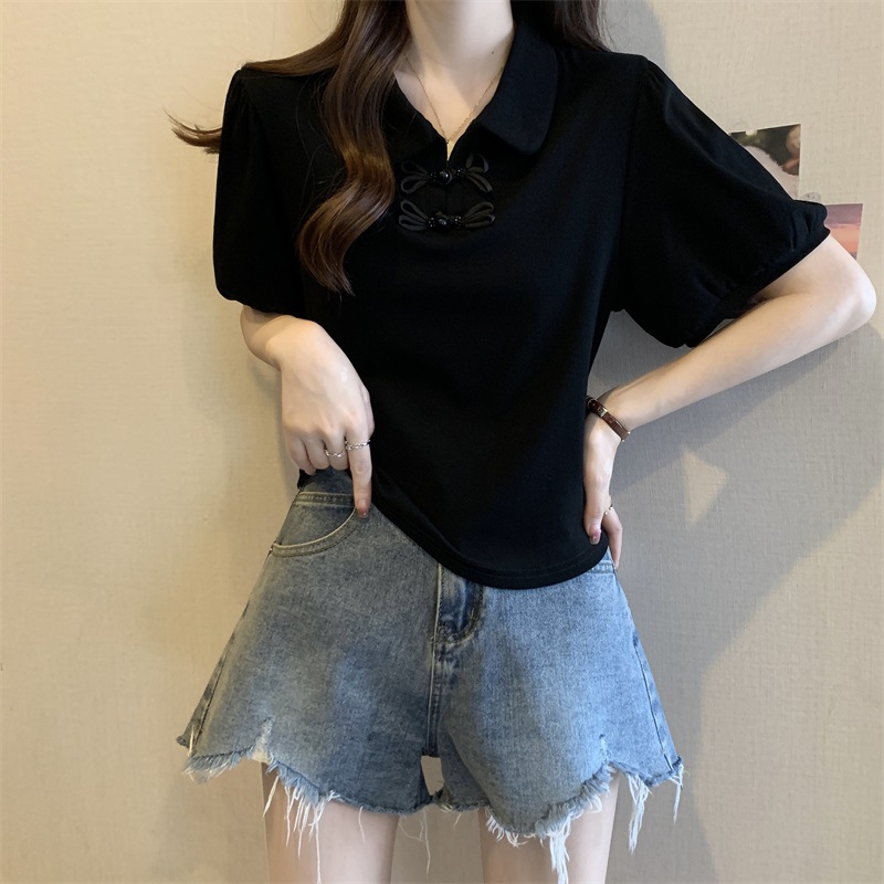 正肩Polo领短袖T恤女夏季大码胖mm显瘦新中式国风上衣泡泡袖小衫详情15