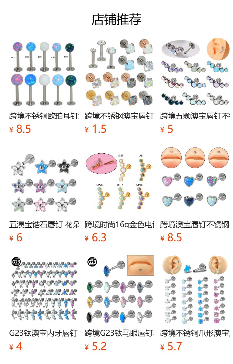 跨境澳宝唇钉 三角爪形锆石不锈钢内螺纹耳钉电镀多色内牙耳骨钉详情10