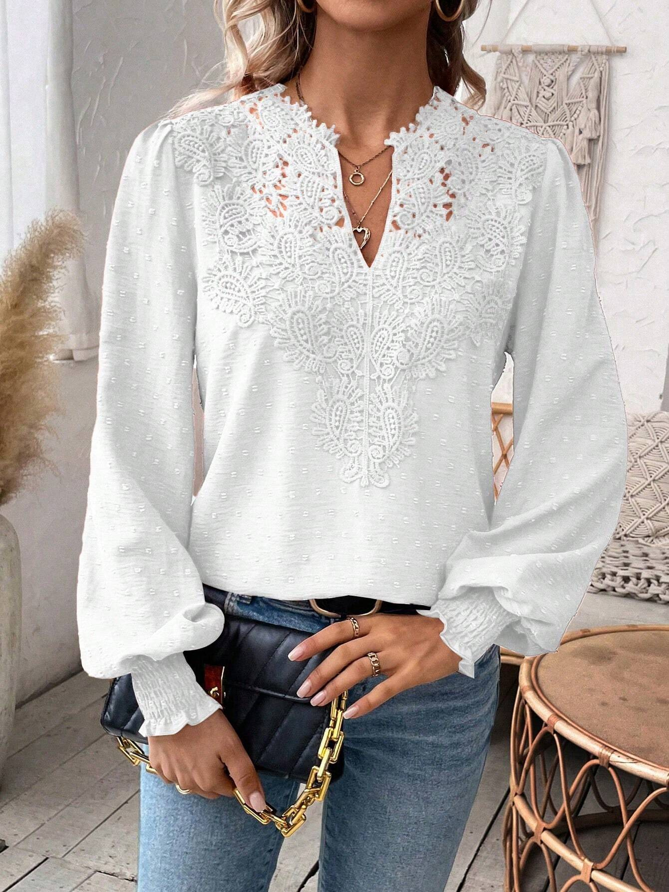 The new autumn and winter fashion V-neck lace solid color long-sleeved casual T-shirt for women on Amazon Cross-border in Europe and America in 2024 pic 16