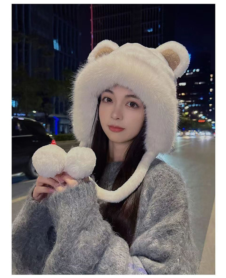 冬天可爱小熊毛绒针织帽加绒护耳帽子女保暖防寒毛绒帽带毛球新款详情9