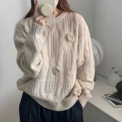 Korean autumn and winter soft, loose and laid-back round-neck sweater for women, fashionable and elegant, thickened knitted sweater with wool pic 6