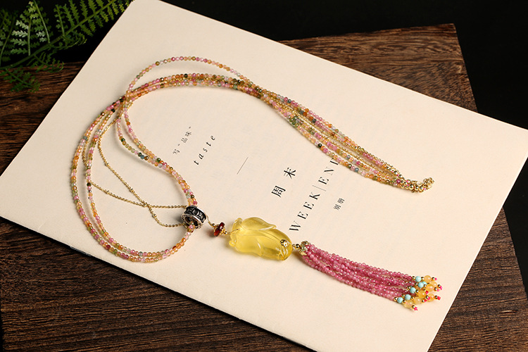 Original natural multi-treasure sweater chain, beeswax leaf cut rainbow tourmaline necklace, cut rose red tourmaline tassels pic 6