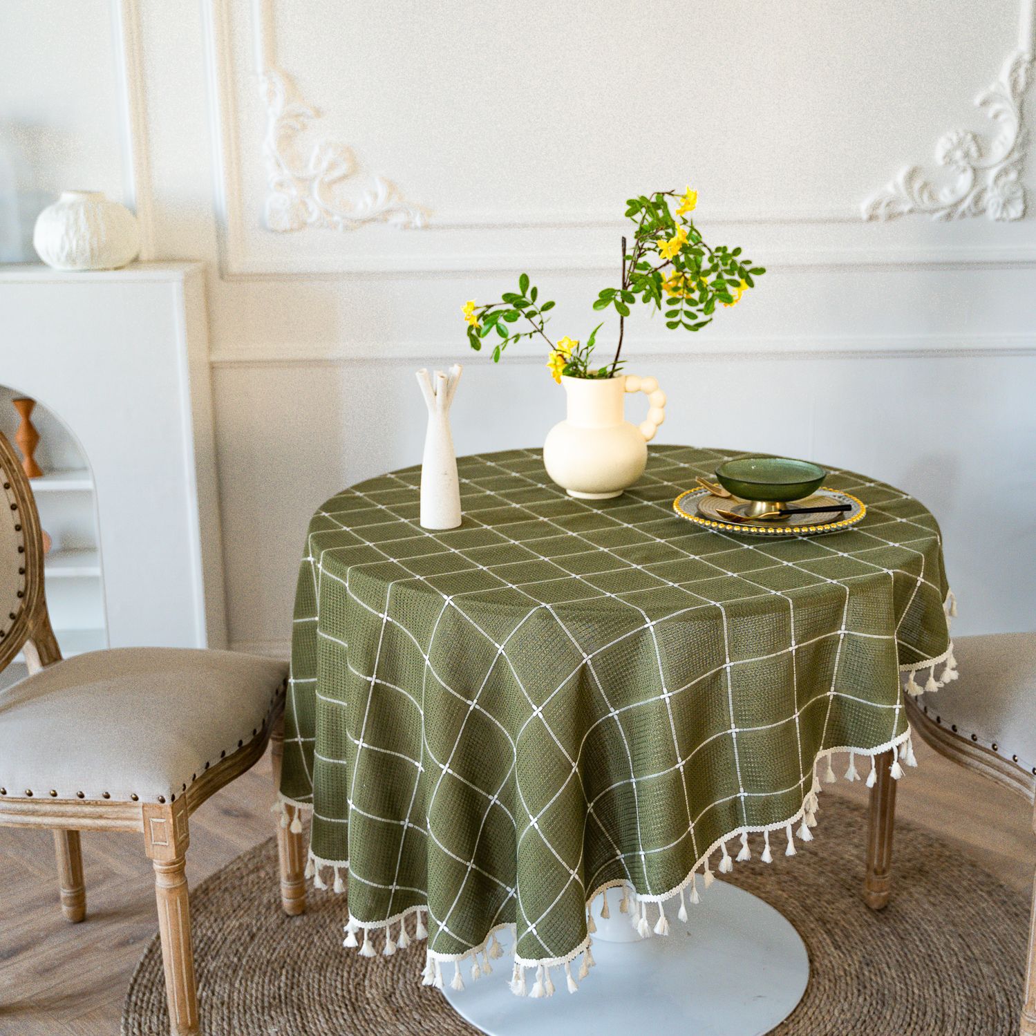 Cross-border TEMU Xiyin round table cloth, Japanese cream white tassel tablecloth, table cloth, cover cloth, Amazon factory wholesale pic 47