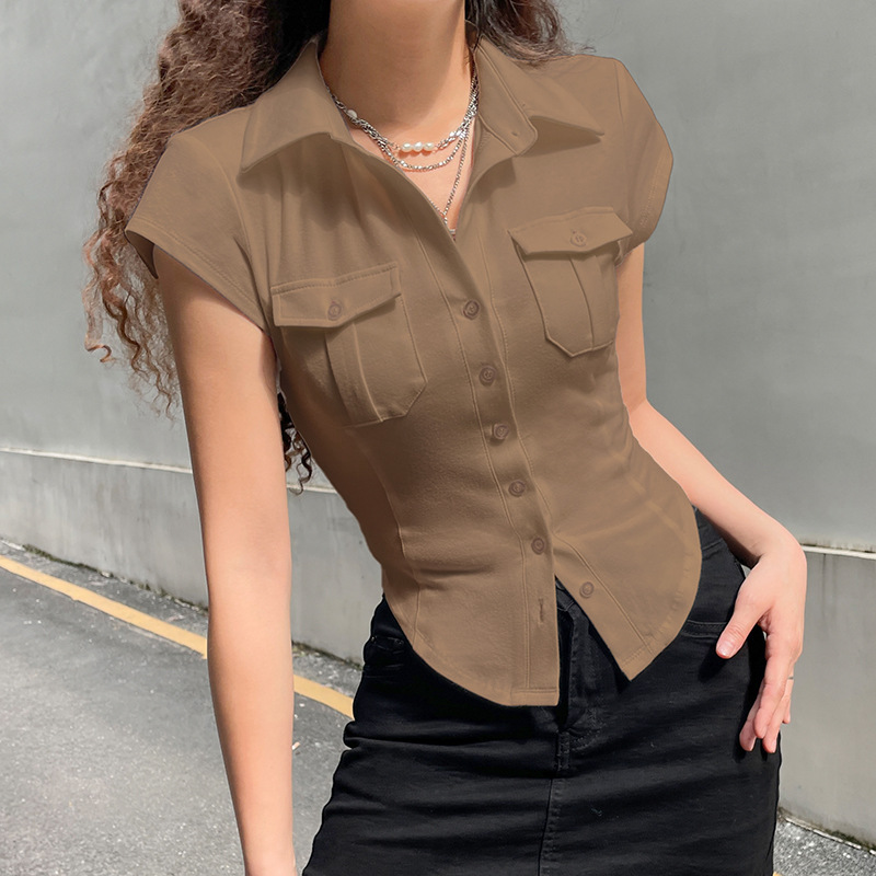 2022 европейская и американская внешнеторговая одежда в чисто цветной гамме, выпрямление застежек в карманах лацканок подчеркивает тонкие рубашки с короткими рукавами pic 12