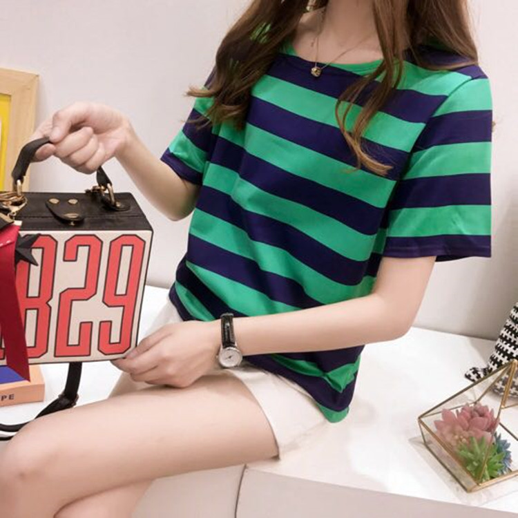 批发2022夏季新款韩版条纹短袖t恤女士宽松衣服上衣女装一件代发详情21