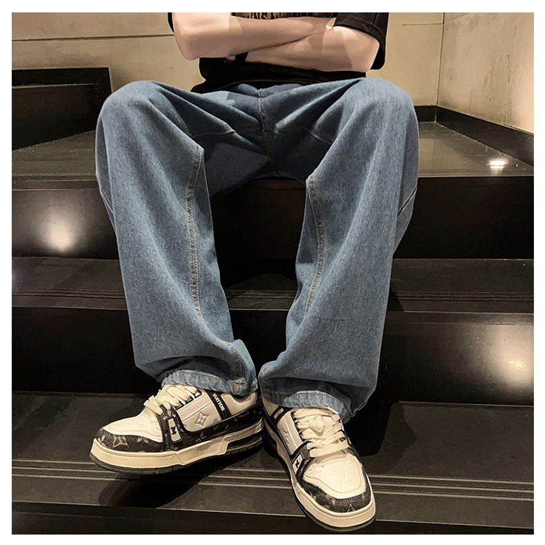 黑灰色男款春季牛仔裤港风cec宽松阔腿裤潮牌复古直筒休闲长裤子详情13