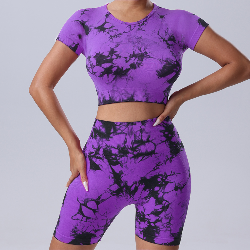 欧美跨境新品扎染瑜伽服套装提臀速干运动健身扎染短袖短裤两件套详情22