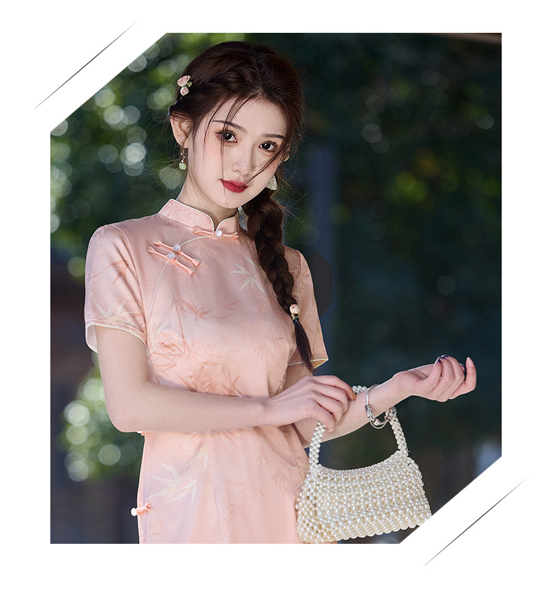 国潮粉色竹叶淑女旗袍2025年春季新款双层改良提花日常年轻详情1