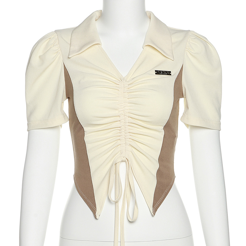 Estilo europeo y americano verano 2022 nuevo estilo mujer moda solapa colgante color slim crop ombligo plisado cordones manga corta camiseta mujer pic 7