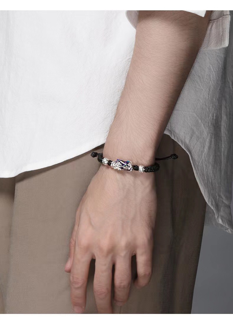 S999银感温变色貔貅手链男士简单大方麒麟编织手绳男潮复古小众详情18