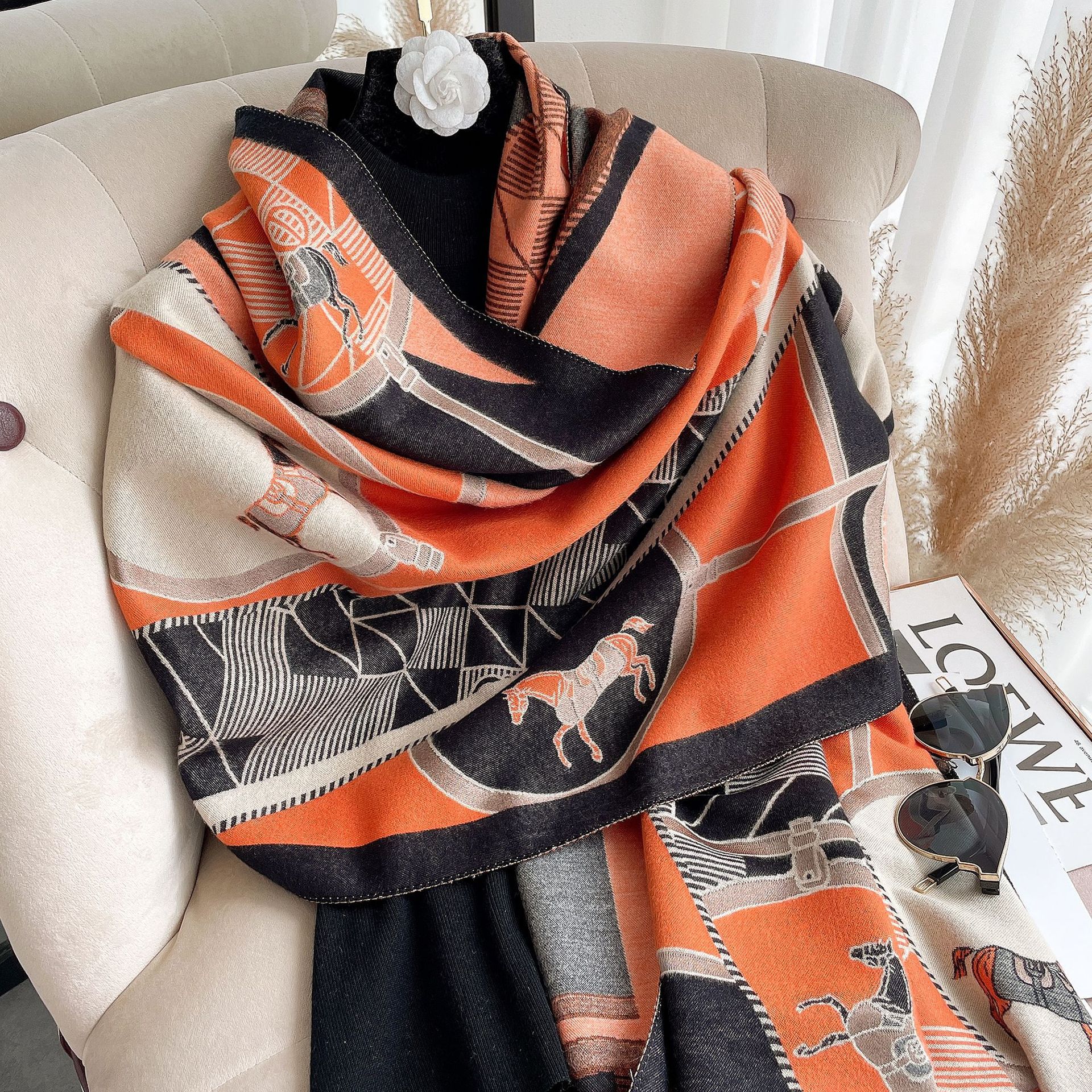 Elegant autumn and winter warmth, short beard tassel, travel outer scarf, imitation cashmere socialite scarf, versatile for women, horse in stock pic 17