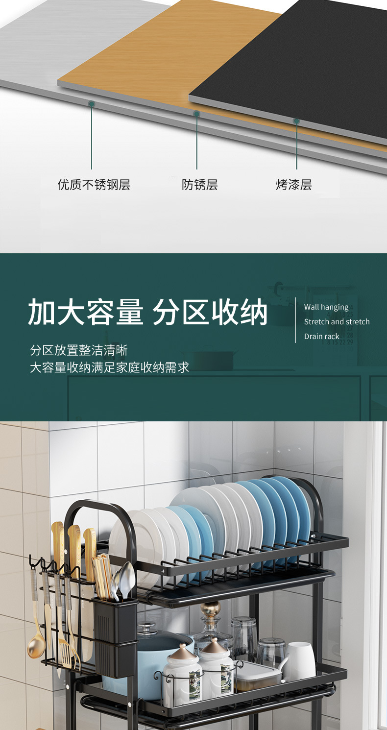 厨房盘碗架 碗架 多功能沥水架 厨房置物架 多功能置物架 厨房黑色碳钢盘碗架砧板刀具筷子收纳沥水架台面跨境多功能置物架 详情5