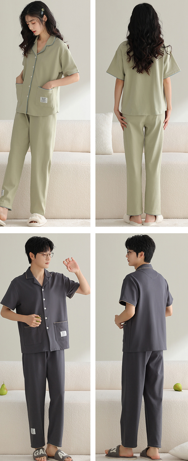 纯棉情侣睡衣夏季结婚新婚大码男士开衫长裤本命年红色家居服夏女详情28