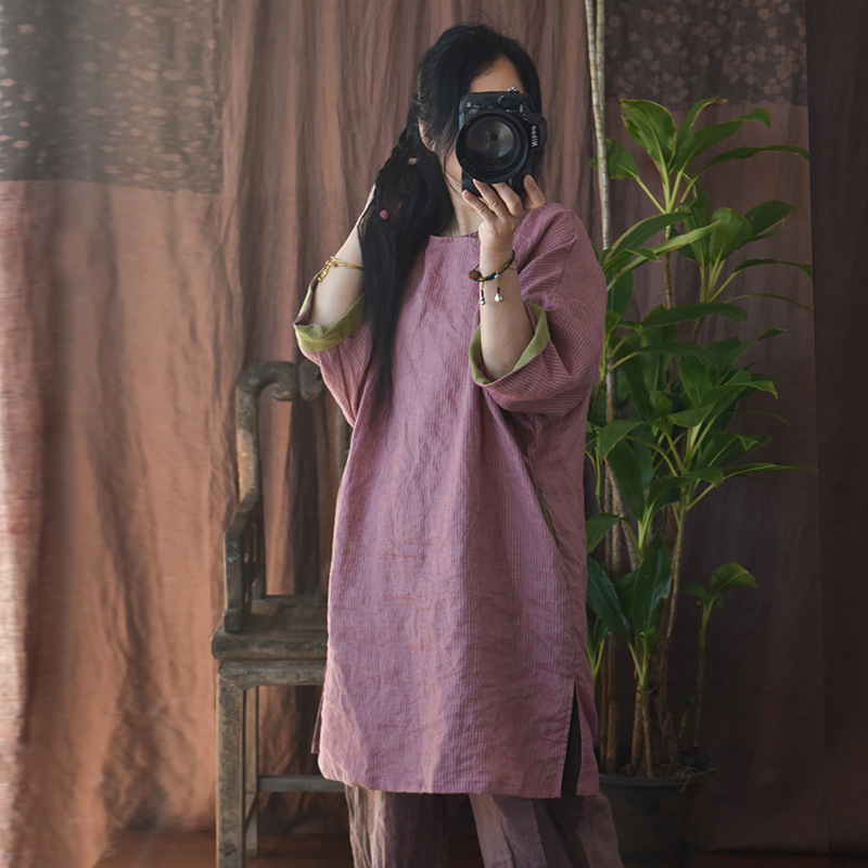 Hyacinth/Original striped contrasting color diagonal lapel hand-sewn button-up retro loose robe patchwork mid-length dress pic 6