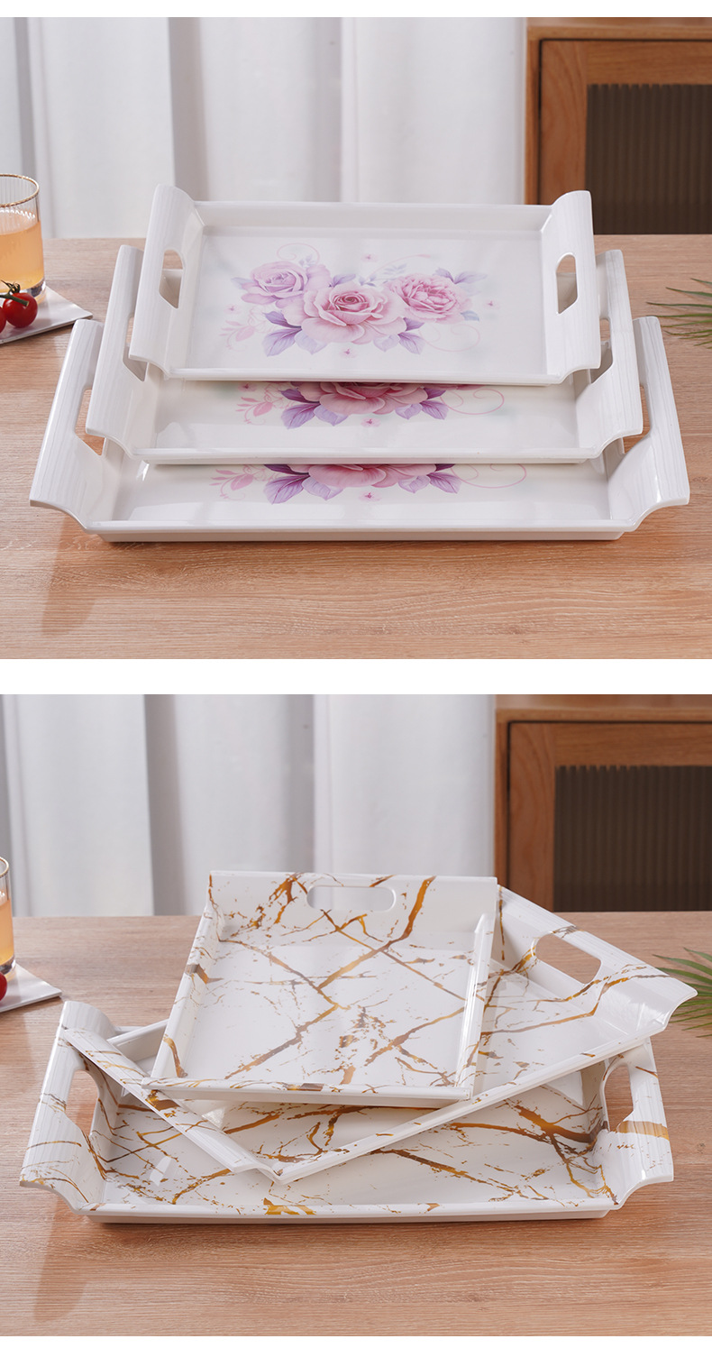 Double-ear faux porcelain melamine rectangular double-ear marble-patterned tray, tea set tray, fruit tray, gift box packaging pic 20