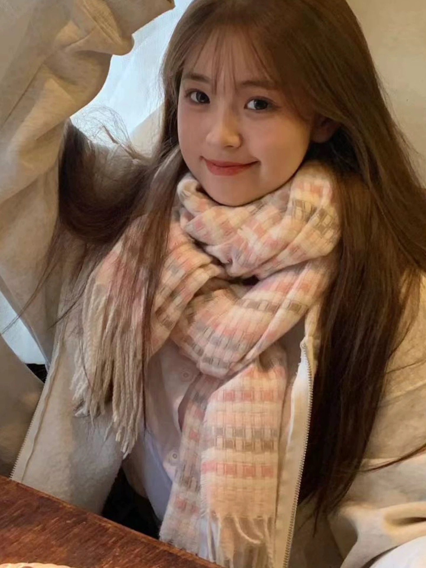 日系粉色格子围巾女冬季2024新款百搭学生可爱情侣加厚保暖围脖详情2