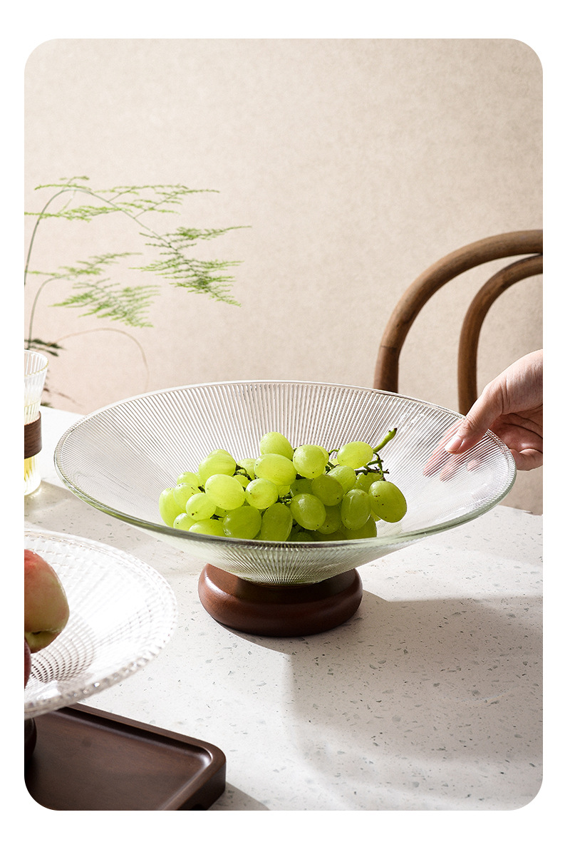 欢乐淘家用客厅水果盘轻奢下午茶玻璃零食盘橡胶木高脚点心糖果盘详情7