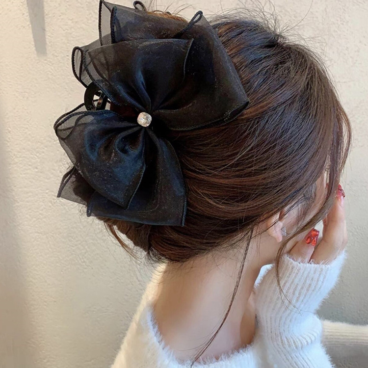 Summer new double-sided feather mesh bow clip, sequined princess on the run hair clip, black lace shark clip pic 9