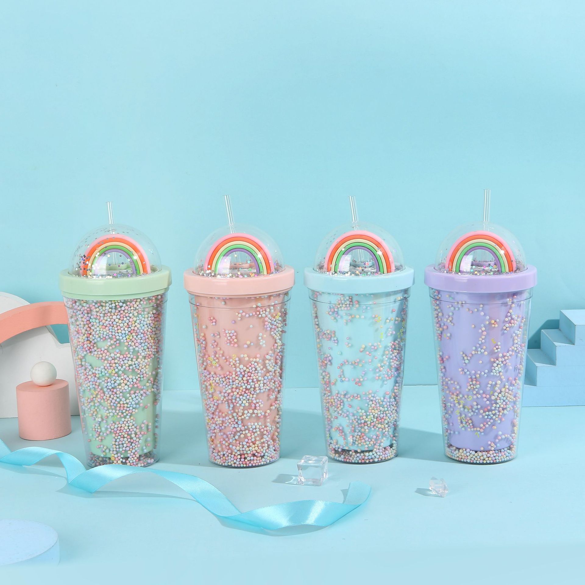 Student foam seven-color plastic cup, outdoor portable and cute water cup, Internet celebrity high appearance level creative rainbow straw cup pic 2
