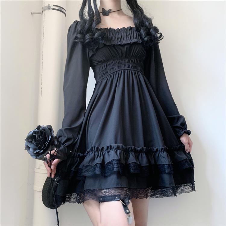 韩风chic复古暗黑系少女宽松蕾丝花边显瘦方领长袖泡泡袖连衣裙女详情4