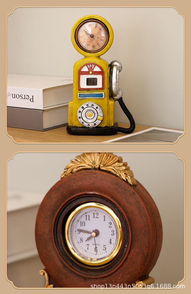 复古美式座钟造型摆件树脂工艺品书柜桌面装饰台钟艺术感时钟批发详情7