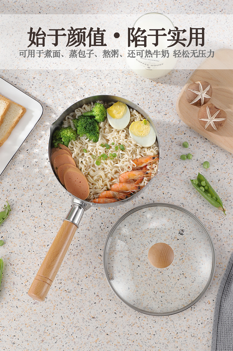 Stainless steel Japanese snow flat pot, thickened flat bottom, Japanese hammer pattern with lid, single handle milk pot, instant noodle pot, small soup pot pic 3