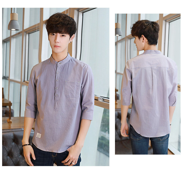 衬衫男士夏季韩版潮流帅气休闲百搭亚麻上衣七分短袖男装白色衬衣详情11