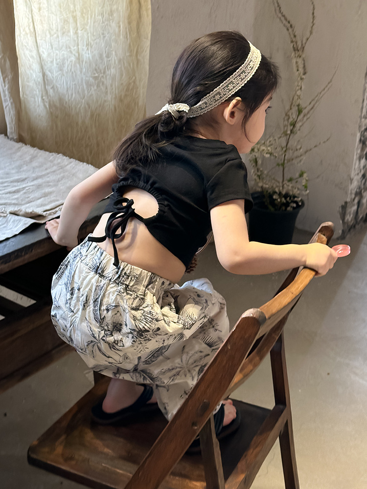 女童蝴蝶结露背T恤2024夏季新款韩版左小然自制刺绣蝴蝶结短袖详情27