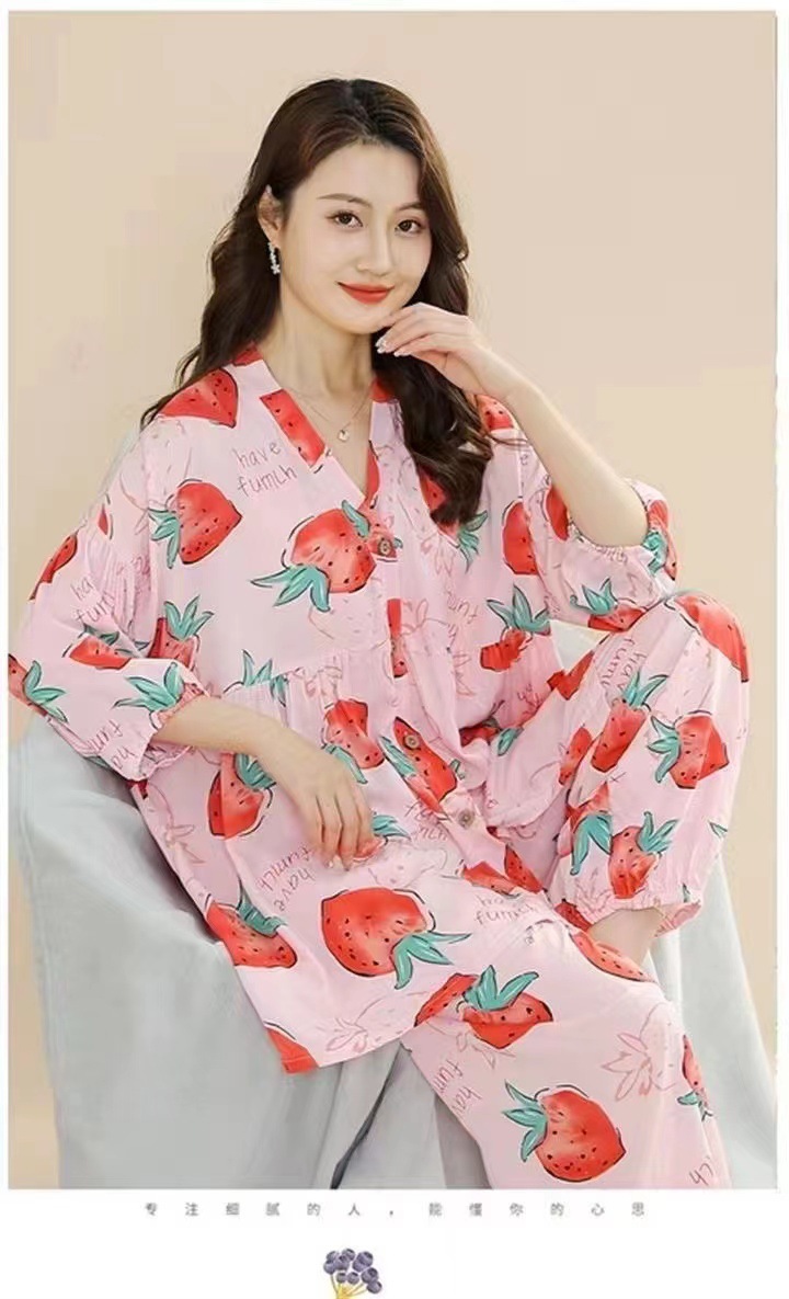 春夏新款棉绸睡衣套装女士七分袖大码宽松空调服家居服两件套详情16