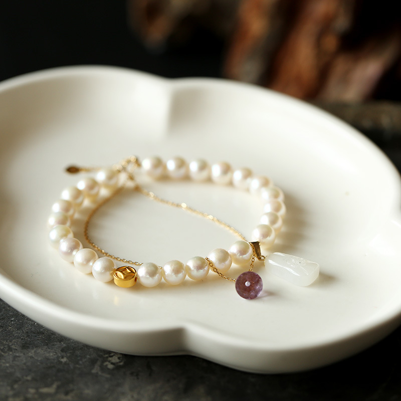 Pure gold K gold handcrafted natural nearly round freshwater pearl bracelet, 18K gold chain hanging amethyst, original DIY for women pic 6