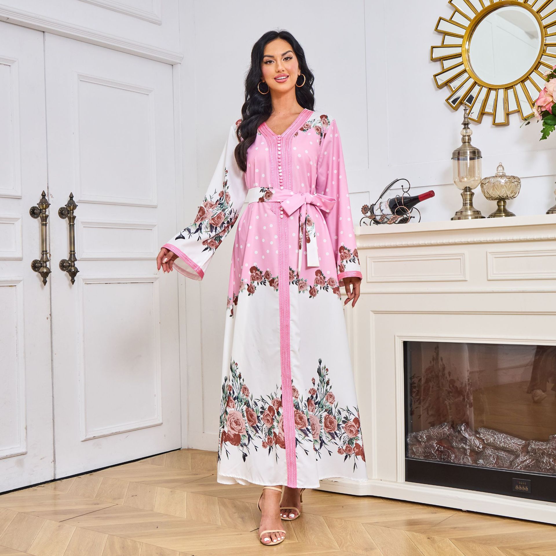 MT098中东外贸迪拜穆斯林长袍女装 刺绣金色珠片花边连衣裙 abaya详情1