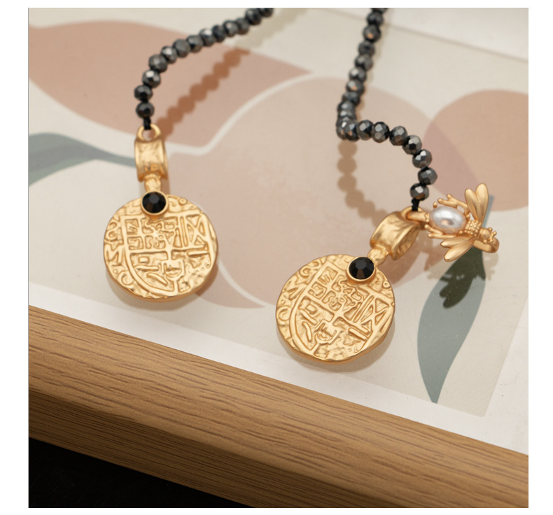 小众设计感铜合金项链璀璨金币黑色百搭长款项链中古撞色串珠项链详情7