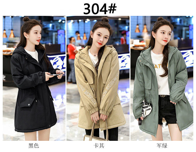 加绒加厚中长款风衣女2022新款韩版百搭小个子宽松连帽棉服外套女详情14