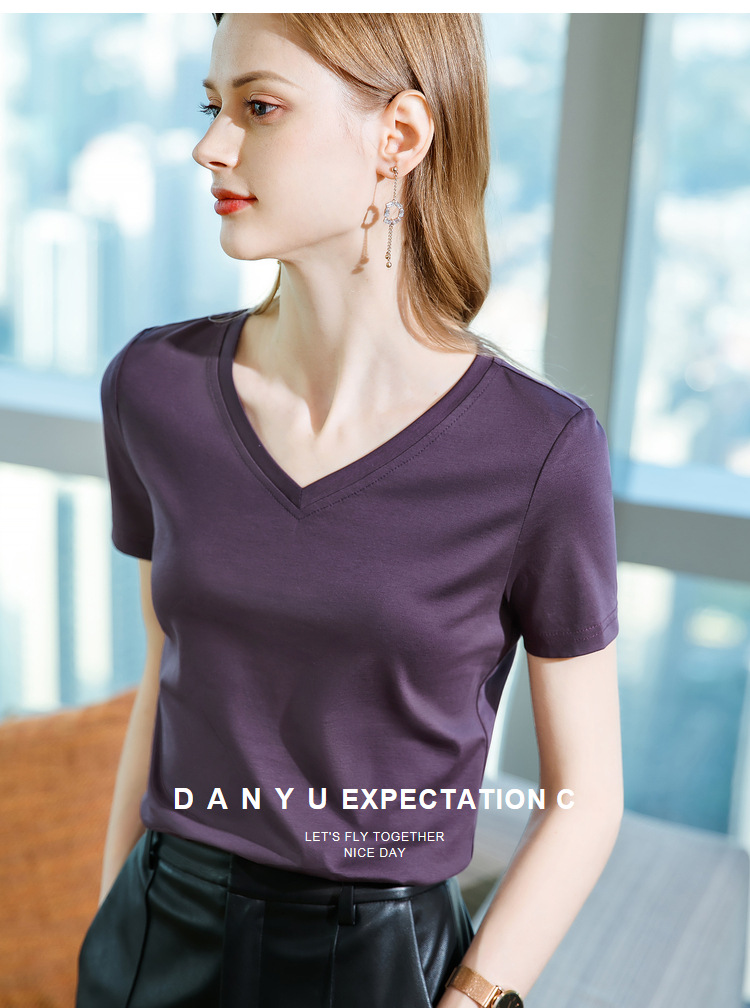 冰感丝光棉短袖t恤女2024新款女装气质v领纯棉体恤纯色高级感上衣详情20