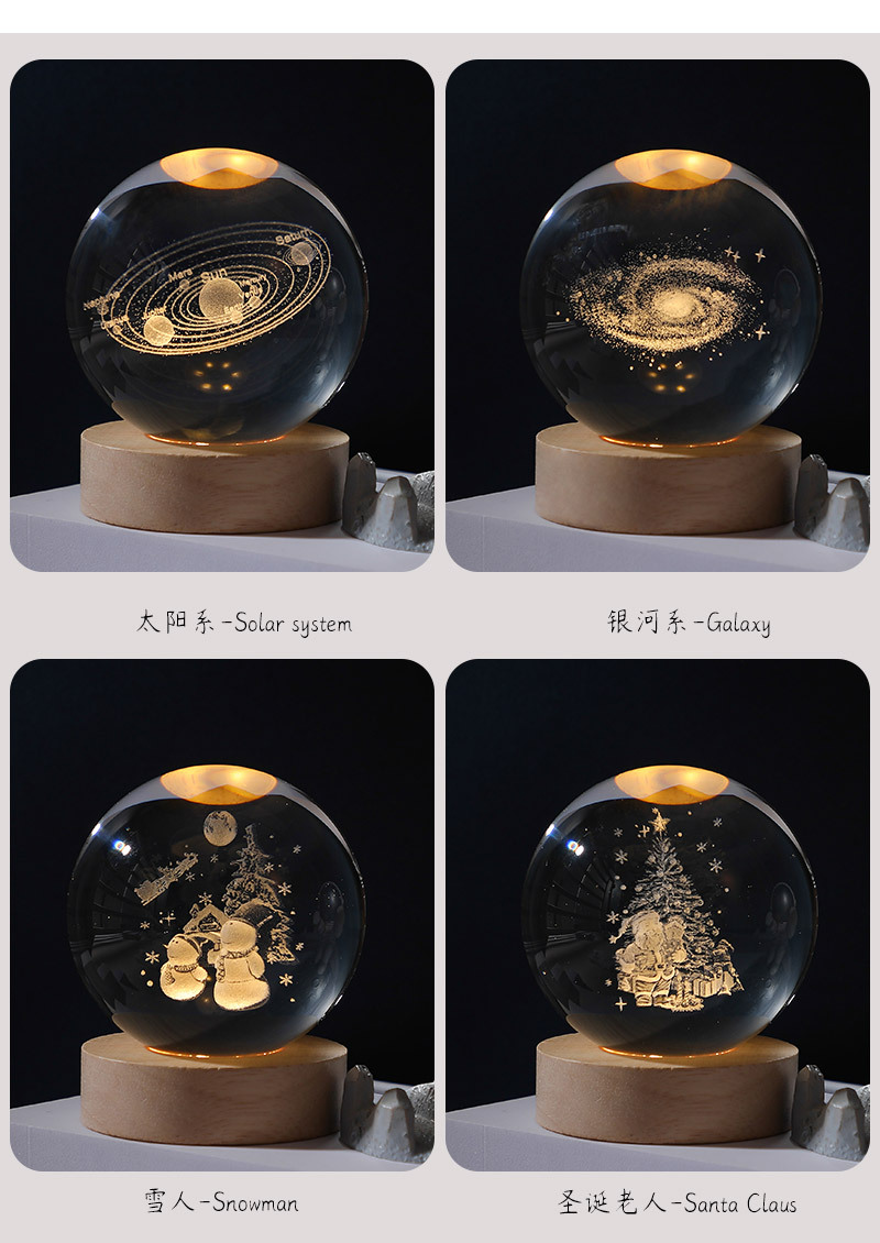 Escultura interior 3d bola de cristal pequeña luz nocturna galaxia bola de vidrio base luminosa de madera mesa de escritorio de ping-pong regalos de decoración de vacaciones pic 5